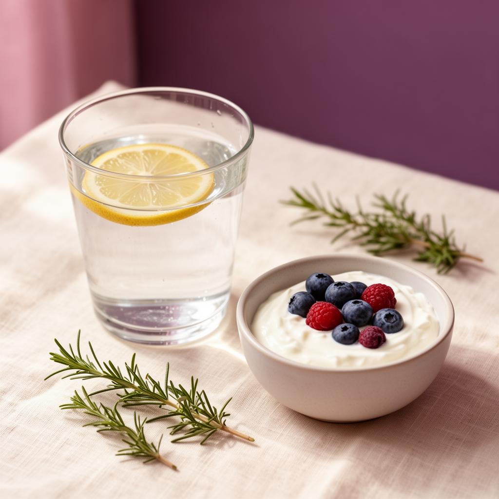 Nutrition still life — water, yogurt with berries, fresh herbs
